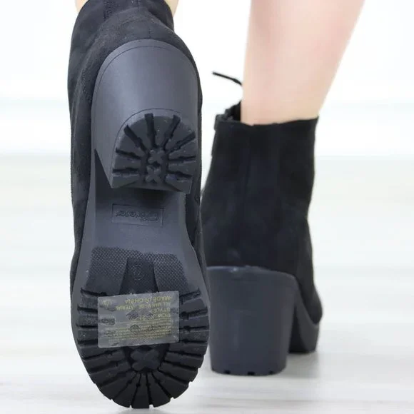 Black Suede Ankle Chunky Block Lug High Heel Boots Lace-Up - Picture 8 of 13